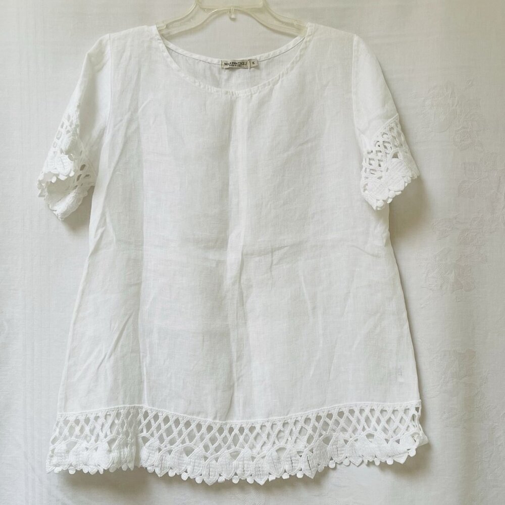 Marina Gigli Top Womans Medium White Lace Linen Blouse Lagenlook Beach Minimal